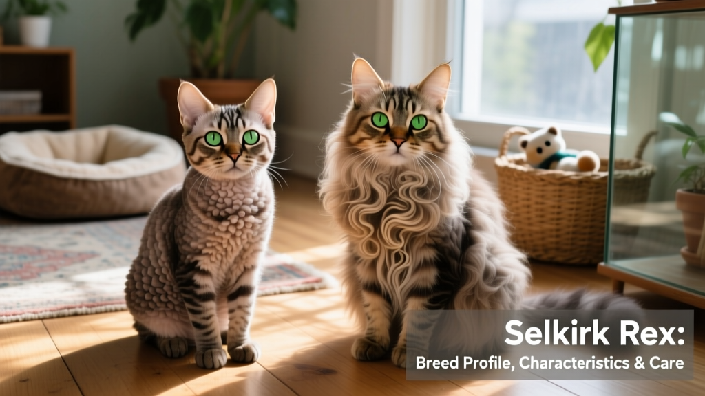 Side-by-side comparison of a short-haired and long-haired Selkirk Rex, highlighting their distinctive curls and expressive eyes