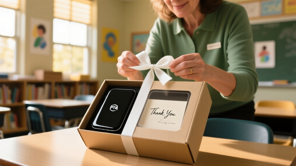 A PTA member wrapping a small, premium tech gadget gift box with a personalized thank-you note for a school educator.