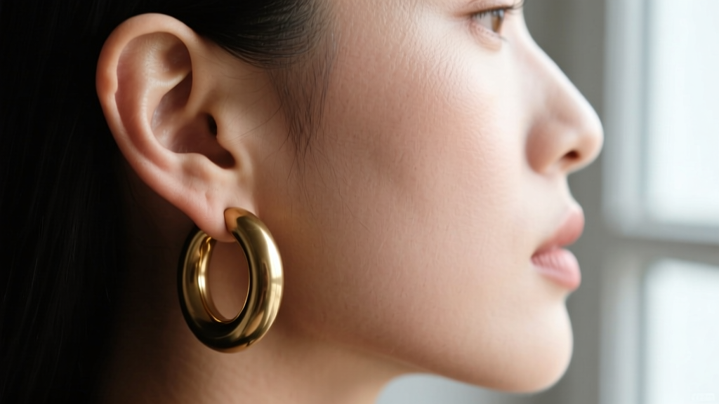 Side profile of an earlobe stretching slightly under the weight of a thick solid brass hoop earring, highlighting tissue tension.