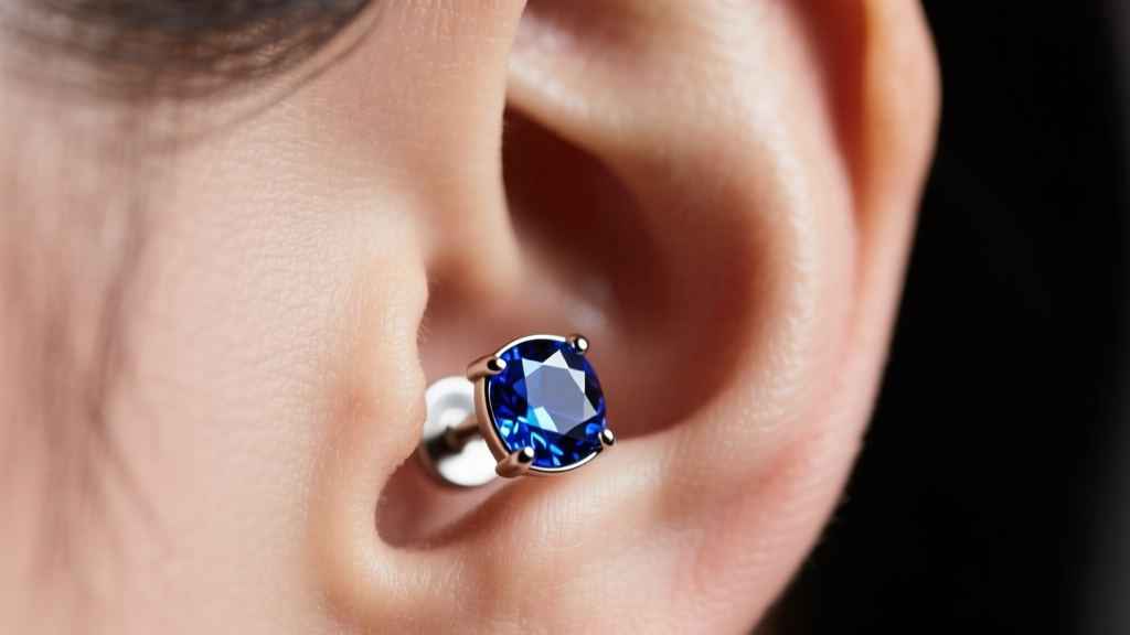 Close-up of an earlobe wearing a backless titanium threadless stud with a bezel-set sapphire, under soft studio lighting