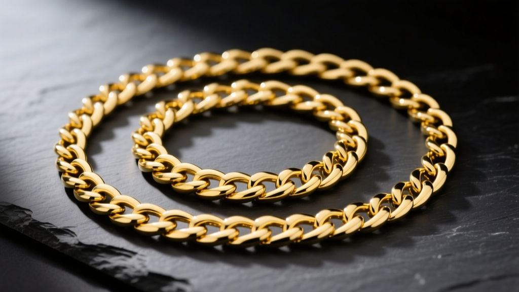 Three thick yellow gold Cuban link chains of varying widths laid flat on a dark slate surface with soft directional lighting.