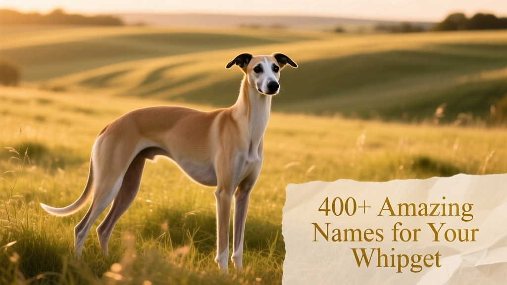 A graceful Whippet standing confidently in an open grassy field, showcasing its slender build and expressive eyes