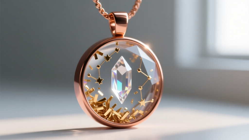 Macro shot of a copper and resin orgonite pendant showing embedded brass shavings and a clear quartz point, illuminated brightly.