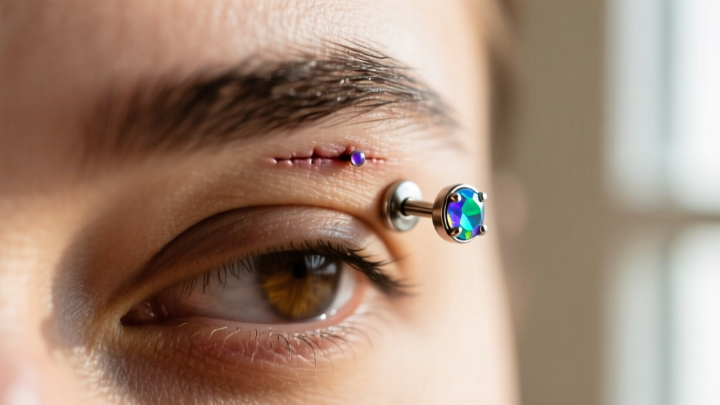 Close-up of a healed eyebrow piercing with a 16-gauge titanium curved barbell and small prong-set opal ends in soft light.