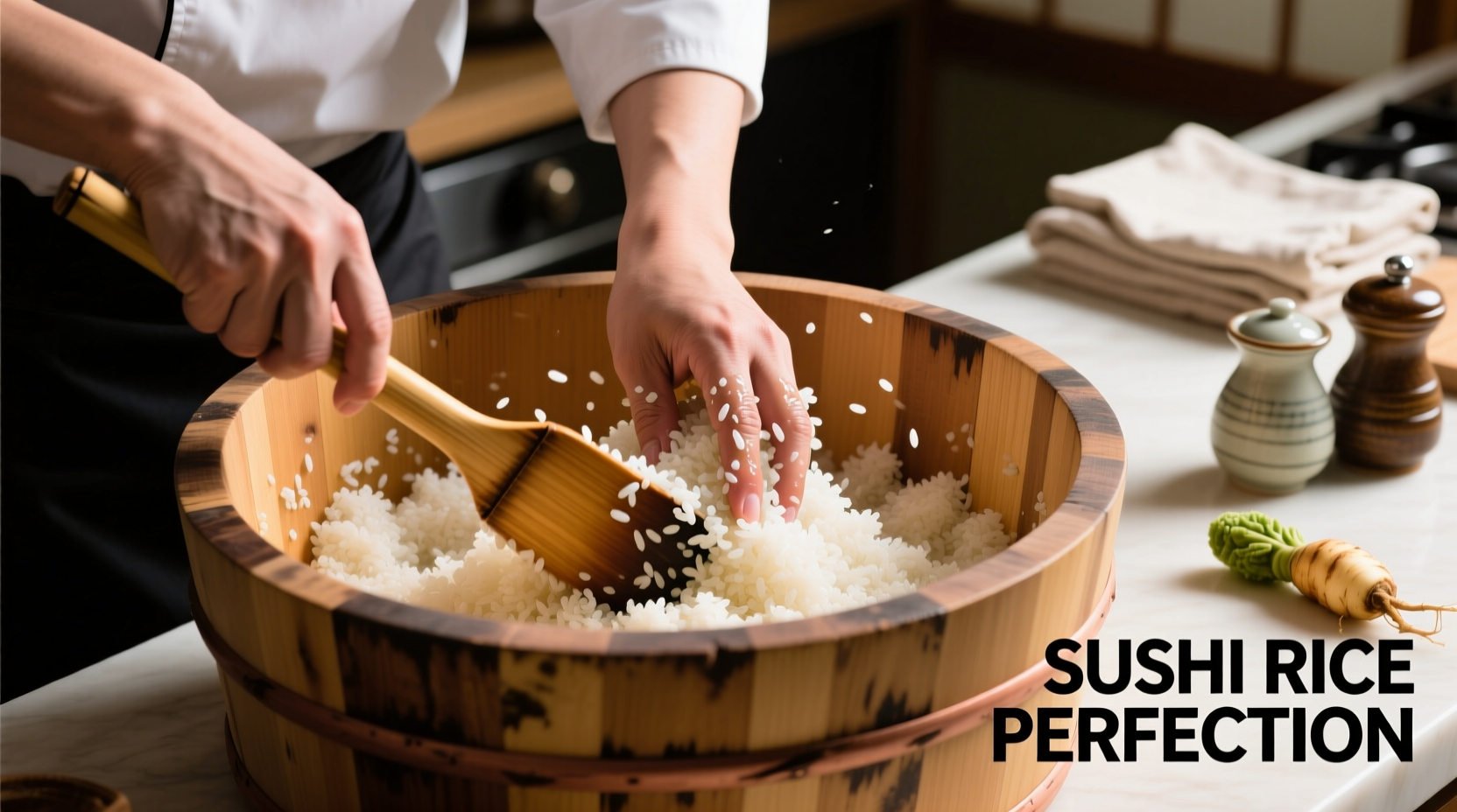 Hands mixing seasoned sushi rice in wooden tub