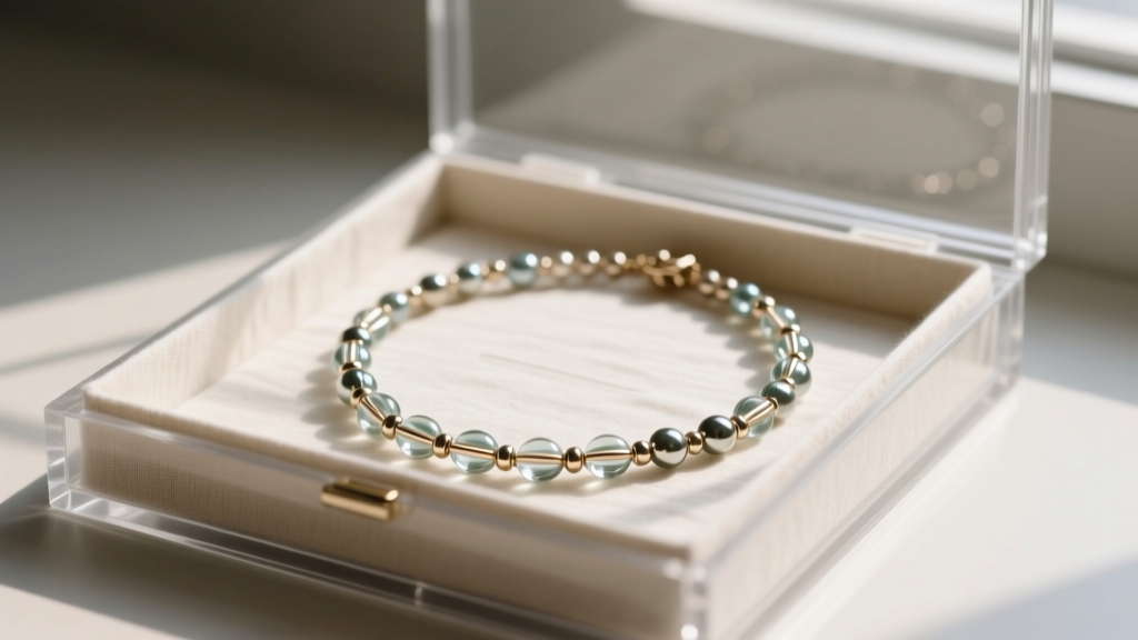 A beaded collar necklace laid flat in an acid-free archival jewelry box, lined with unbleached cotton to prevent wire kinking.
