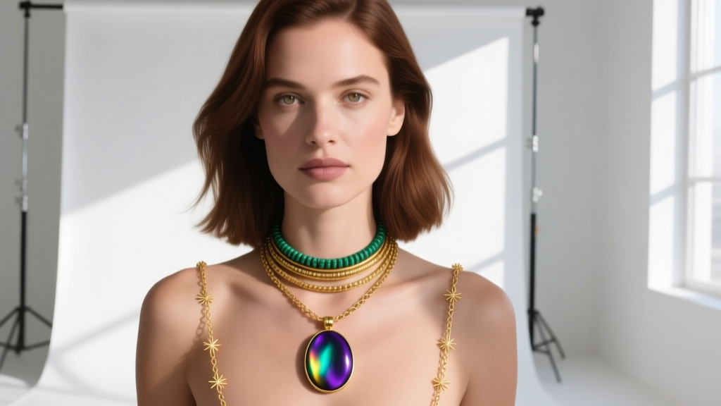 Woman wearing a layered necklace stack with a central iridescent juju vera pendant flanked by delicate gold satellite chains
