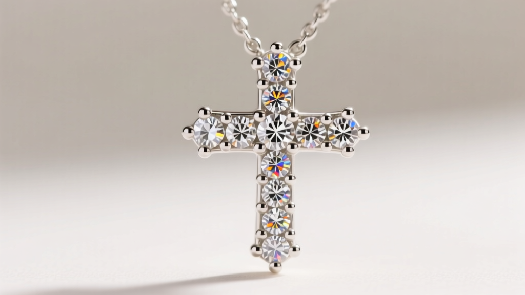 Macro photo of a bead-set pave diamond cross pendant showing tiny metal beads holding round brilliant diamonds in 18k white gold.
