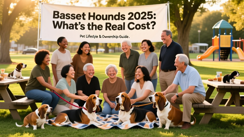 A diverse group of Basset Hound owners smiling together at a local FurPetVo-sponsored meet-up in a park
