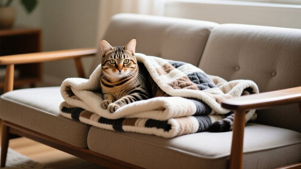 A relaxed tabby cat draped over a folded, stylish pet blanket on a mid-century sofa, with soft natural light