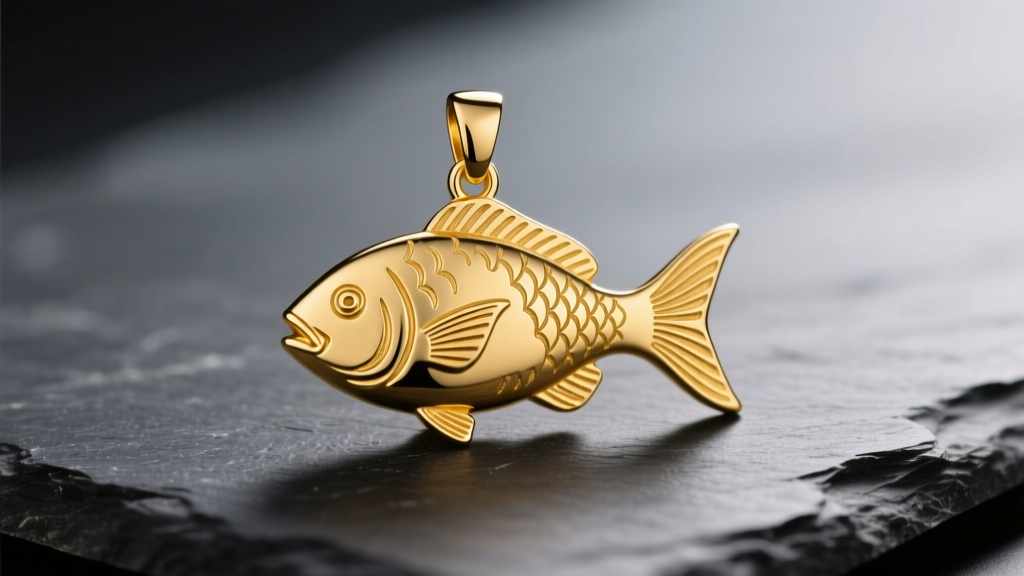 Polished 14k yellow gold Christian fish necklace pendant on dark slate, illuminated by soft directional studio lighting.