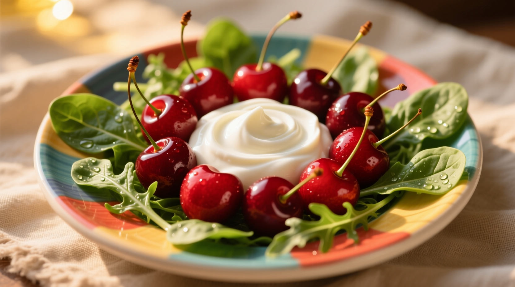 Colorful plate with cherries, leafy greens, and yogurt