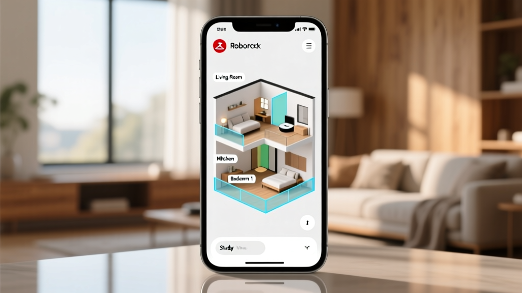 Roborock app interface showing a 3D map of a multi-level home with customized room labels and virtual walls
