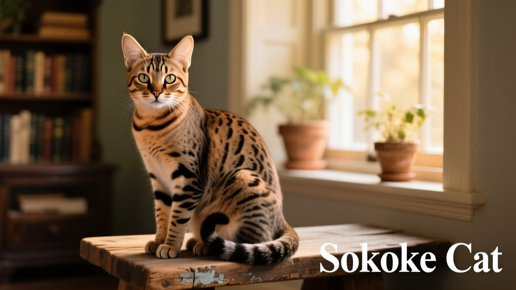 A Sokoke cat with striking ticked tabby coat and alert, intelligent expression, sitting gracefully on a rustic wooden perch
