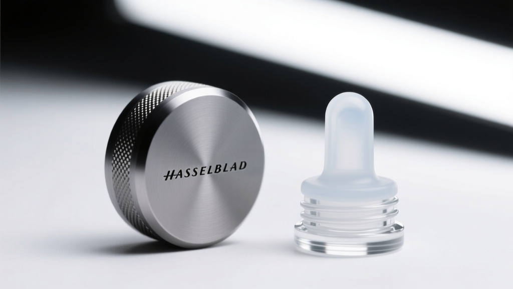 Macro photo of a matte titanium friction back next to a clear silicone stopper, illuminated by bright, diffused studio lighting.