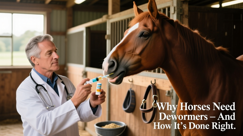 Veterinarian or experienced handler calmly administering dewormer paste to a horse using a dosing syringe, with clear focus on proper technique and horse comfort