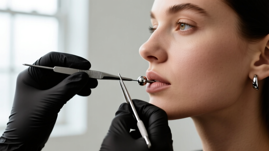 Piercer in black nitrile gloves using sterile hemostats to adjust a flat-back titanium labret post inside a client's earlobe.