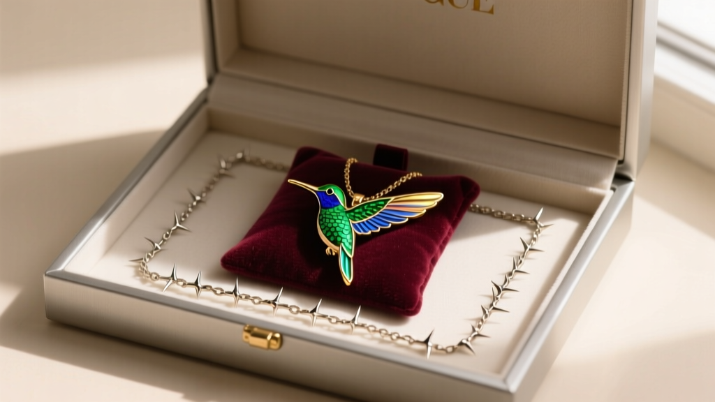 Anti-tarnish jewelry box displaying a thorn chain laid flat with the hummingbird pendant secured safely inside a soft felt pouch.