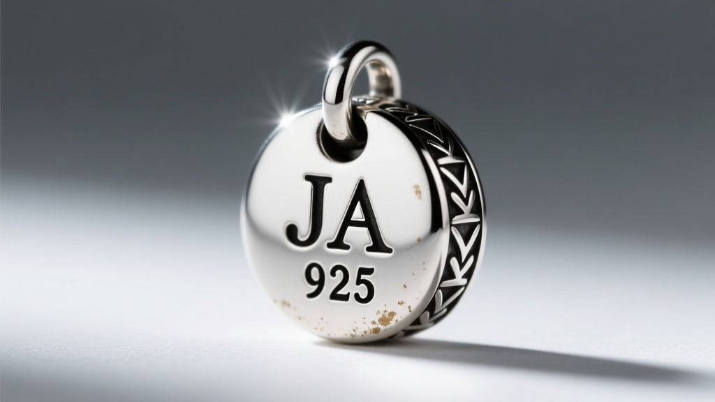 Macro view of JA and 925 stamps on a vintage James Avery silver charm back, illuminated by bright, focused studio lighting.