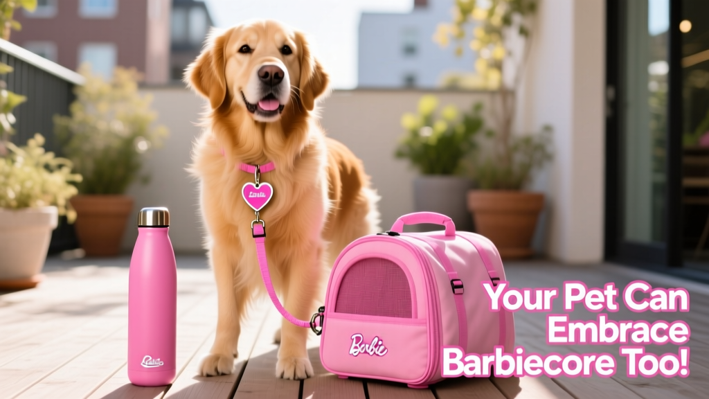 A golden retriever wearing a pink nylon leash and heart-shaped ID tag, standing beside a pink stainless steel water bottle and cotton carrier
