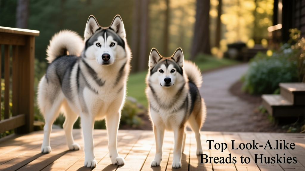 Side-by-side comparison of a Siberian Husky and an Alaskan Klee Kai, highlighting their similar facial structure and expressive eyes
