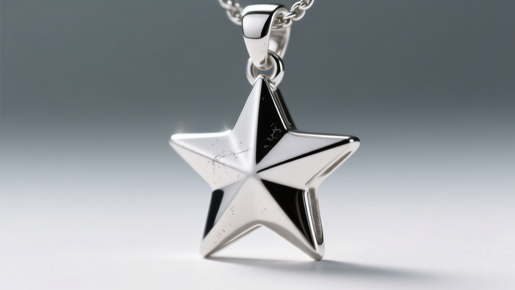 Close-up of a rhodium-plated silver star pendant tip showing minor wear and a slightly rounded edge designed to prevent snagging