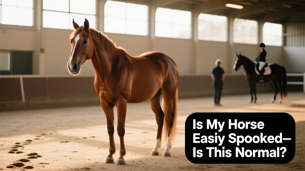 A calm, attentive horse standing quietly in an arena with soft lighting