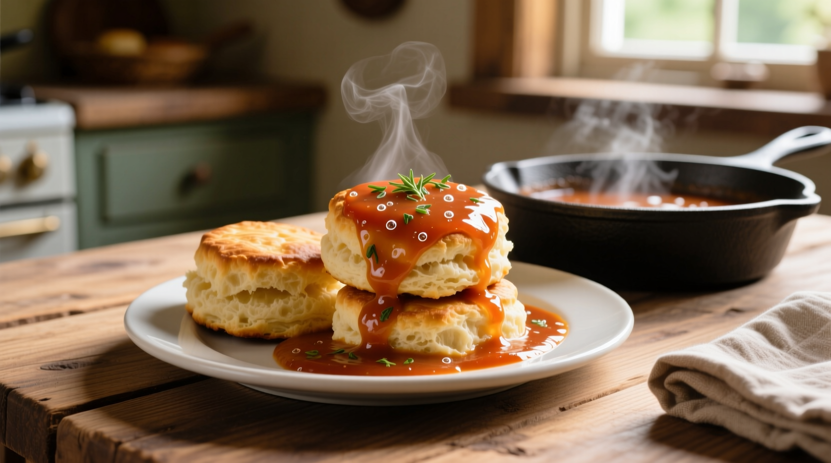Homemade tomato gravy poured over golden biscuits
