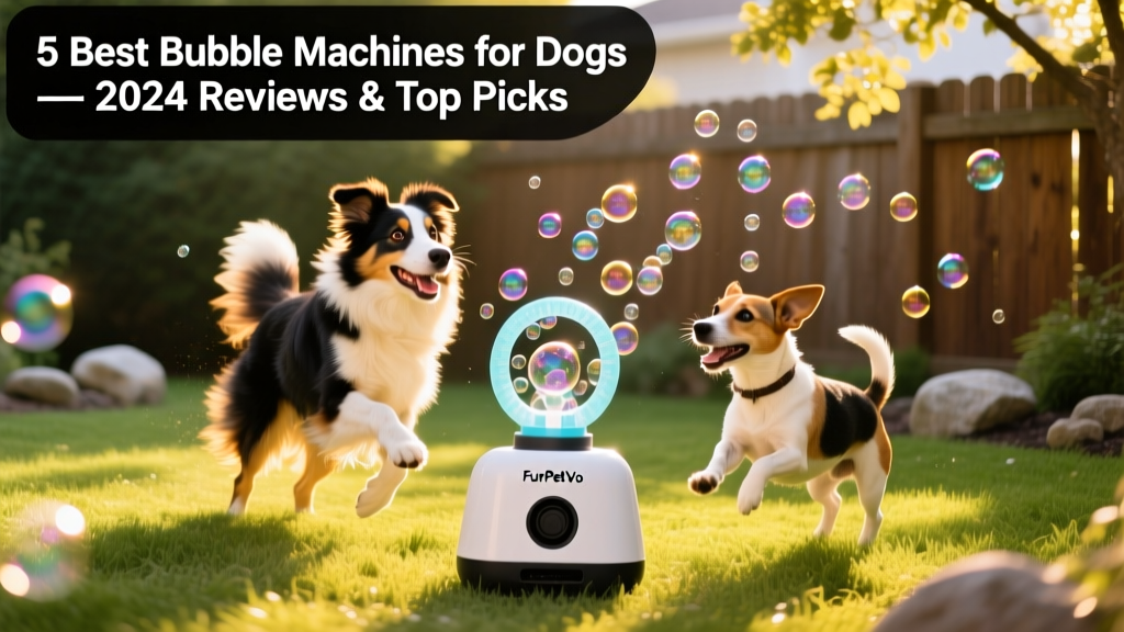 A border collie and a terrier playing together in a sunlit backyard, surrounded by dozens of floating bubbles from a FurPetVo SplashRing machine