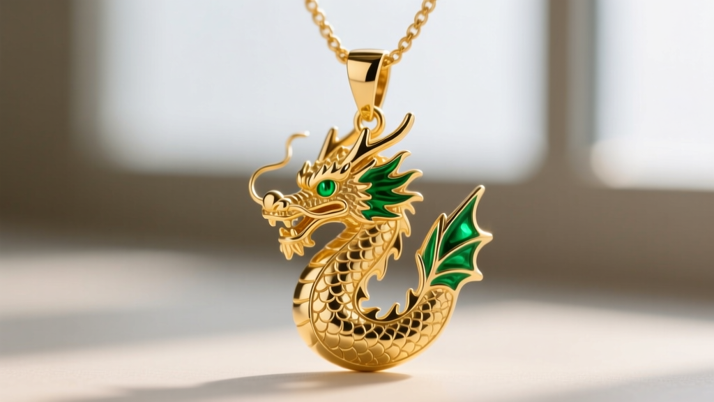 Macro shot of a 14k gold vermeil Shenron dragon pendant necklace, showing intricate scale textures and green enamel accents.