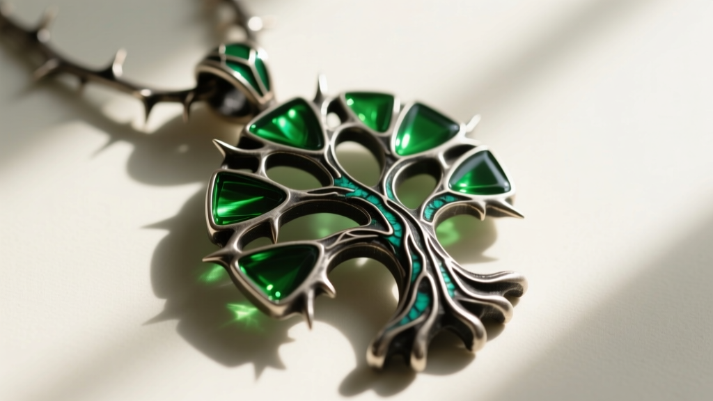 Macro shot of a champlevé enamel poison tree pendant showing dark oxidized silver recesses and vibrant toxic green glass details.