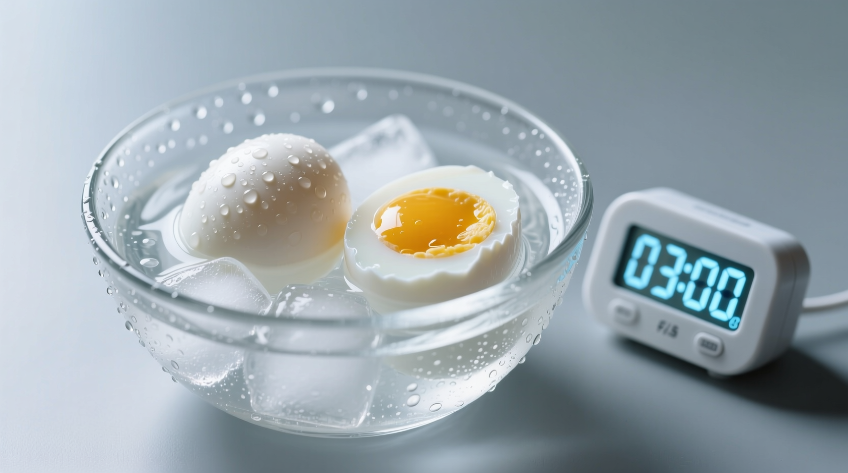 Perfectly boiled eggs in ice bath with timer