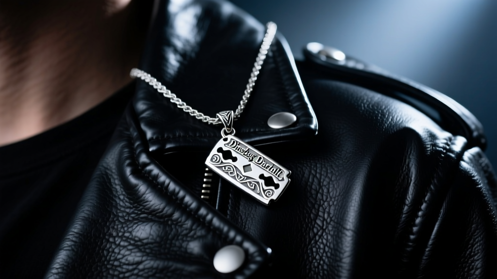 Close-up of a sterling silver Dimebag Darrell razor blade pendant resting on a black leather jacket under moody stage lighting