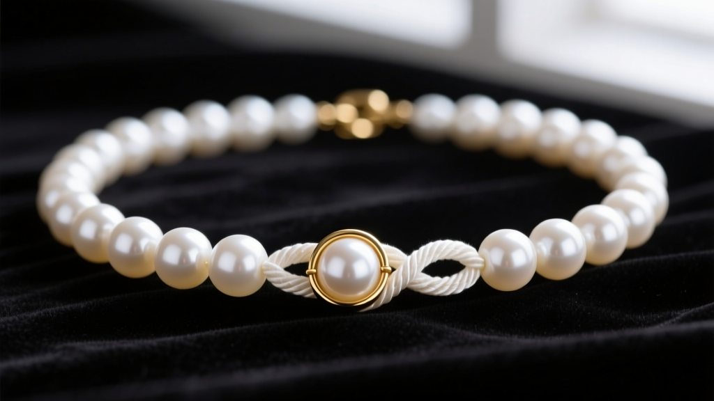 Macro shot of a knotted white Akoya pearl necklace on dark velvet, highlighting silk thread between 7mm pearls and a gold clasp