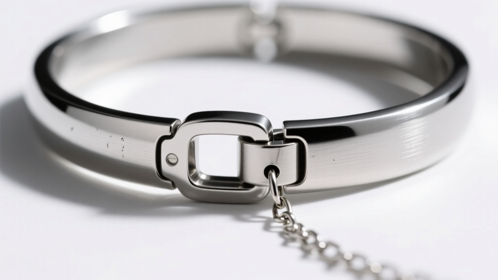 Macro shot of a 316L surgical steel thick choker necklace box clasp, showing the precise tongue-in-groove lock and safety chain