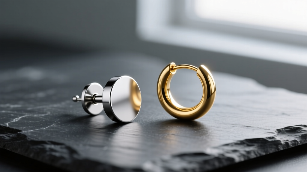 Macro shot of an implant-grade titanium flat-back earring post next to a continuous gold sleeper hoop on a dark slate surface.