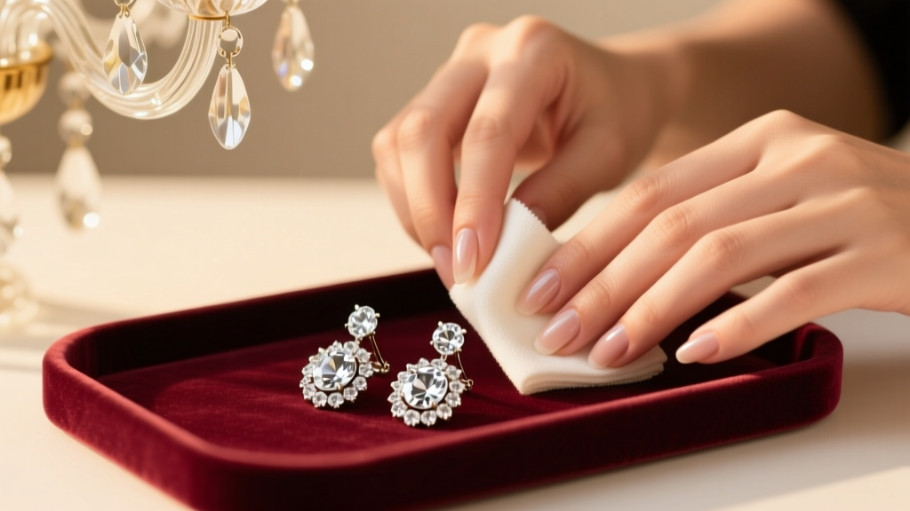 Hands using a microfiber cloth to clean glass rhinestone chandelier earrings on a velvet tray under soft warm lighting.