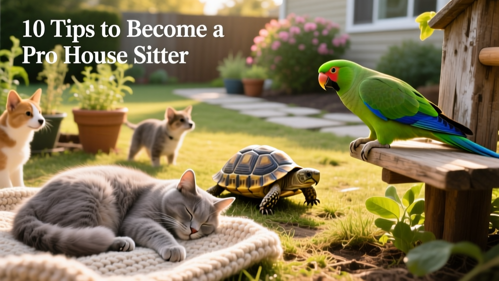 A diverse group of pets — a sleeping cat, a curious parrot on a perch, and a small tortoise exploring grass — in a sunny backyard