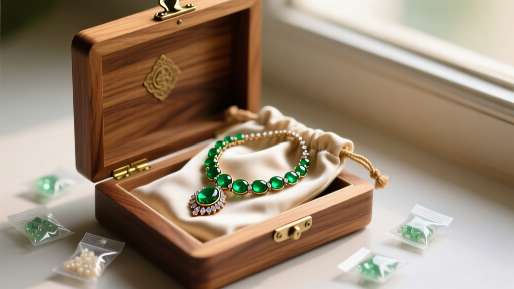 An Indian emerald necklace stored in an anti-tarnish cloth pouch inside a cedar-lined wooden box with silica gel humidity packets