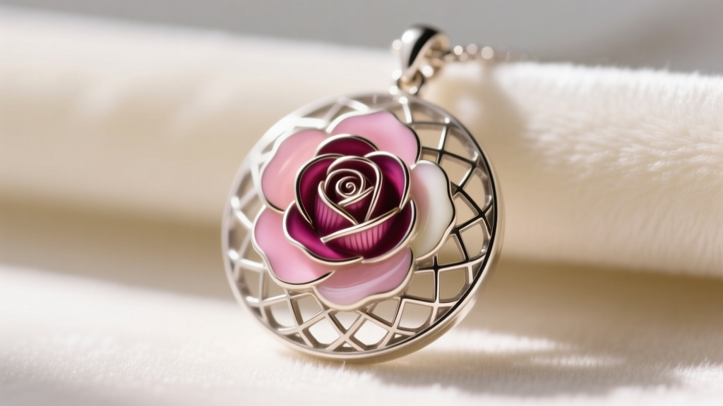 Macro shot of a Victorian guilloché enamel rose pendant showing the engine-turned silver underlay beneath translucent pink glass.