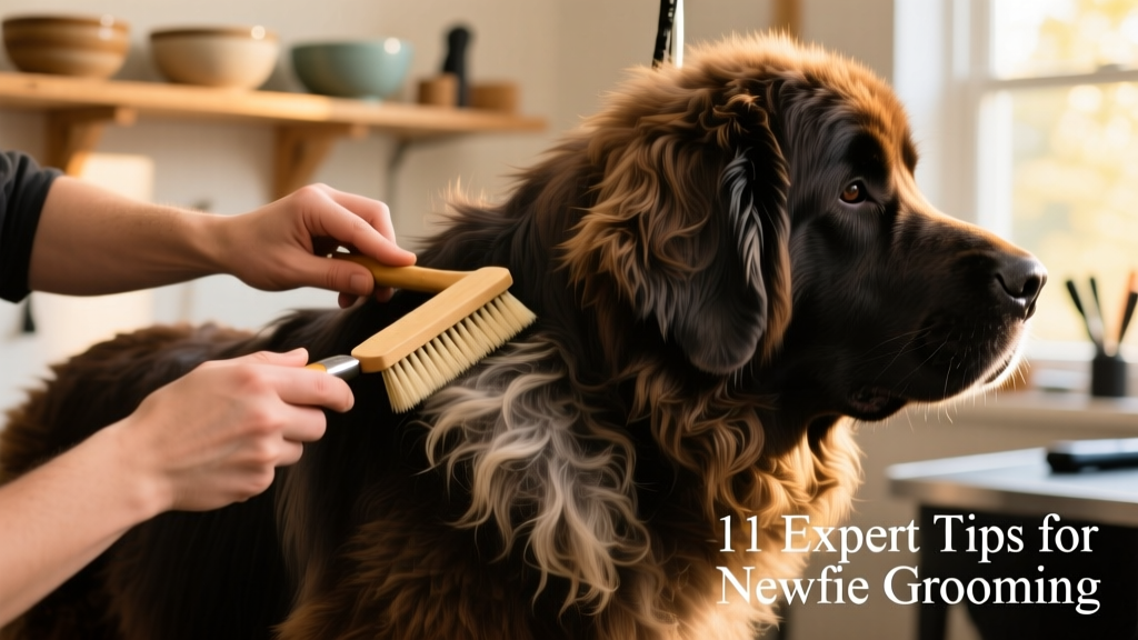 Close-up of hands using a slicker brush and undercoat rake on a Newfoundland's shoulder area