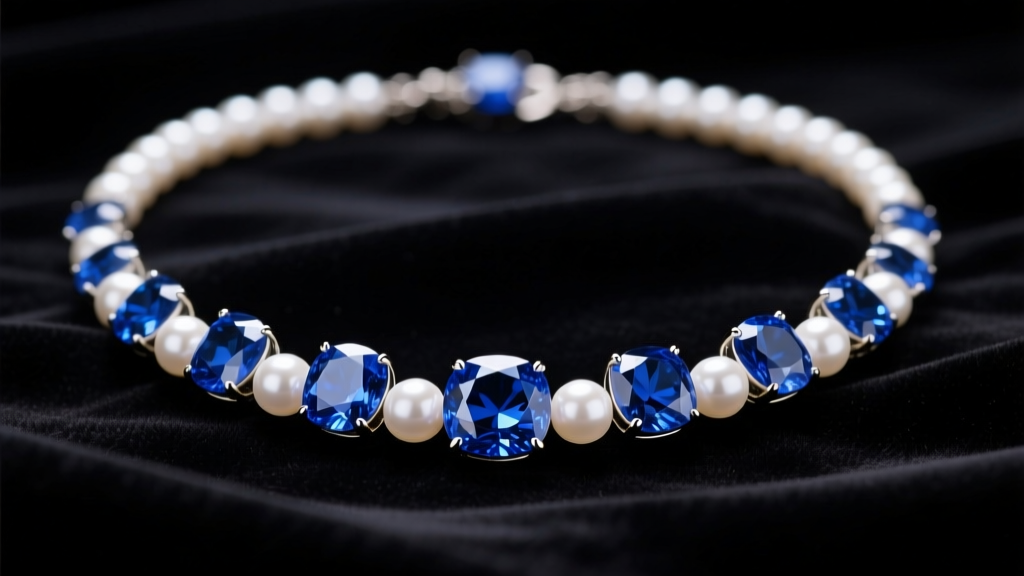 Macro shot of a sapphire and pearl necklace on dark velvet, highlighting contrasting blue and white gems under soft studio lighting.