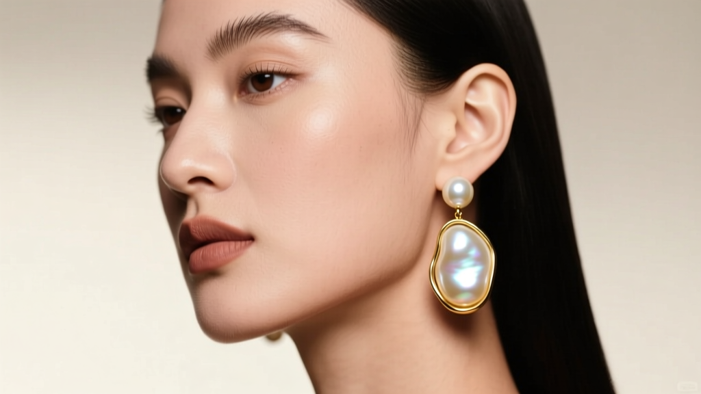 Model wearing 14k gold drop pearl hoop earrings with baroque freshwater pearls under soft studio lighting to highlight luster