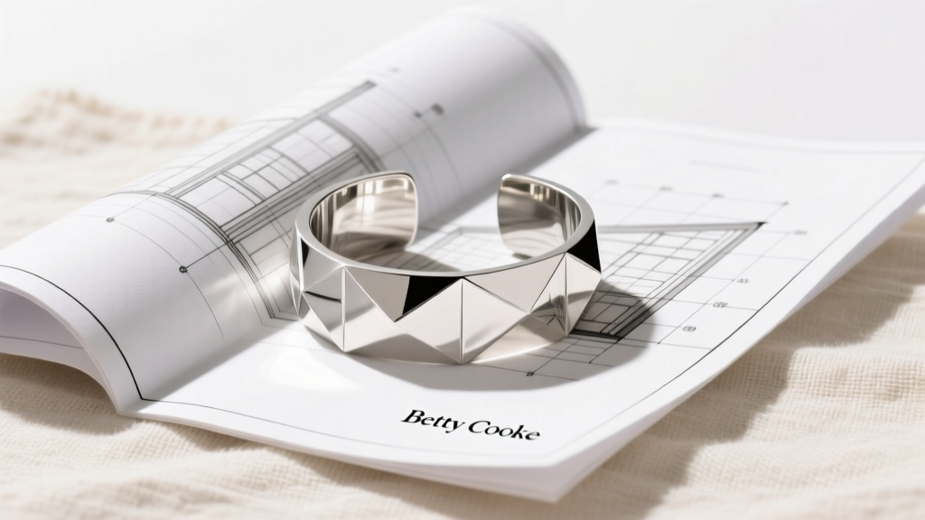 Styled flat lay of a Betty Cooke geometric sterling silver cuff bracelet resting on a folded architectural blueprint and raw linen