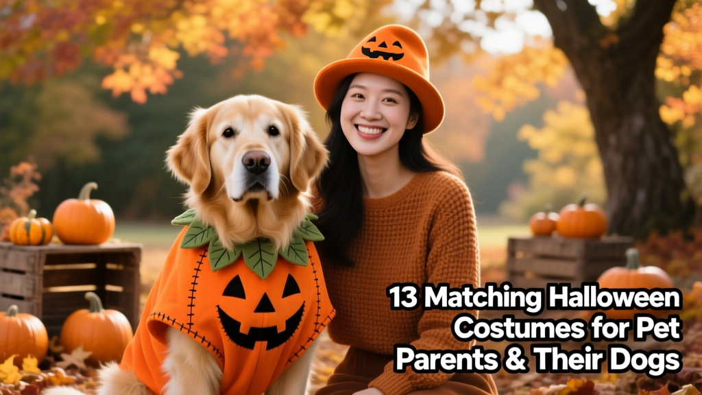 A medium-sized dog wearing a bright orange pumpkin costume next to their human in a matching pumpkin-themed outfit, smiling in front of fall decor