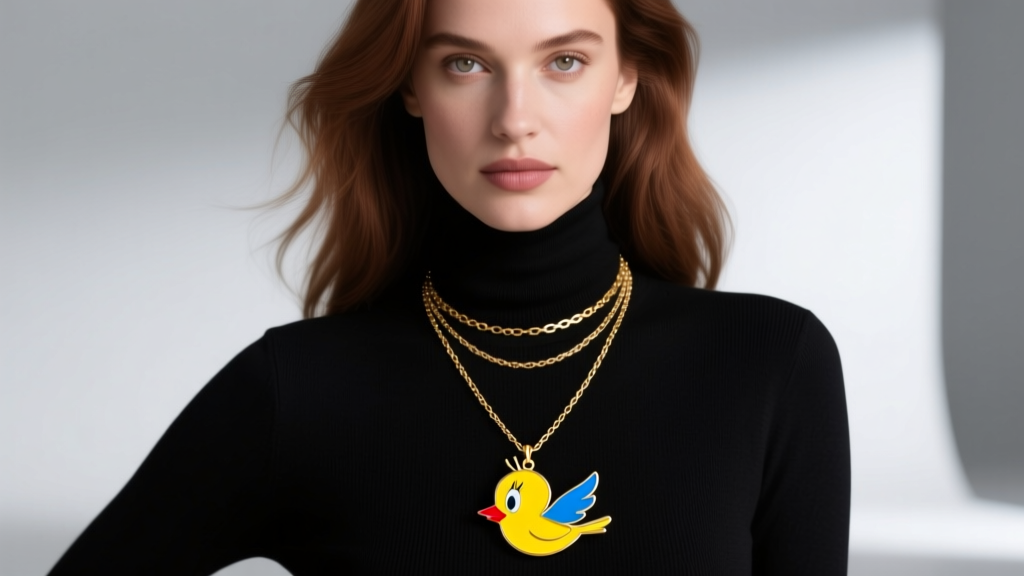 Woman wearing a layered 18-inch Tweety Bird pendant necklace over a black turtleneck sweater with a delicate gold paperclip chain.