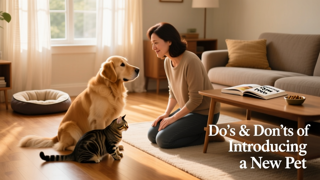 A pet owner gently supervising a calm, positive interaction between a dog and a cat in a sunlit living room
