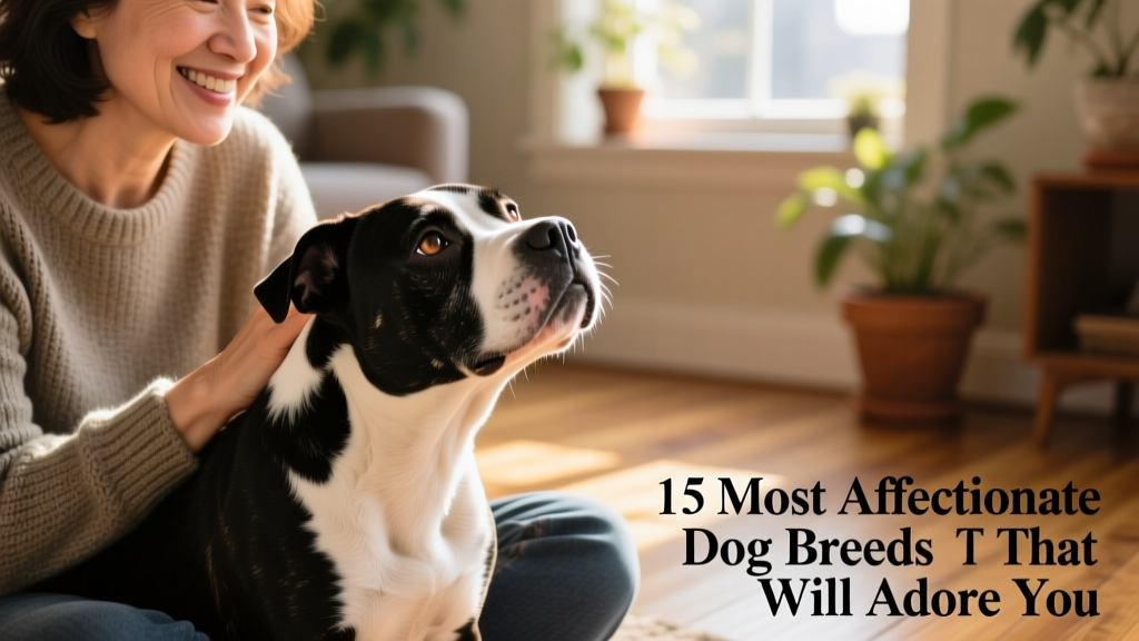 Staffordshire Bull Terrier resting its chin on its owner's knee, gazing upward with warm, trusting eyes