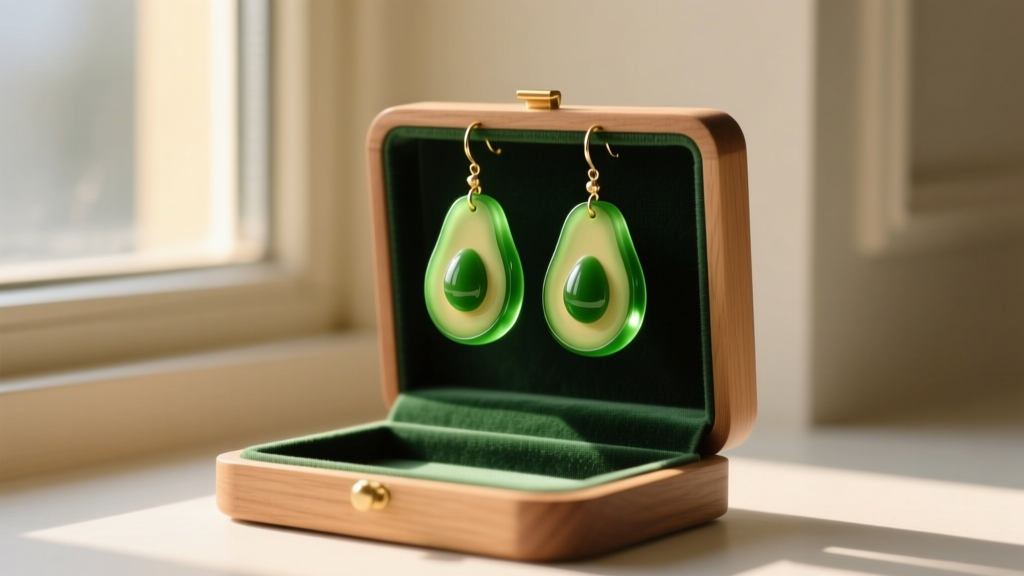 Green resin avocado dangle earrings hanging on a velvet wooden organizer, bathed in bright natural sunlight from a nearby window.
