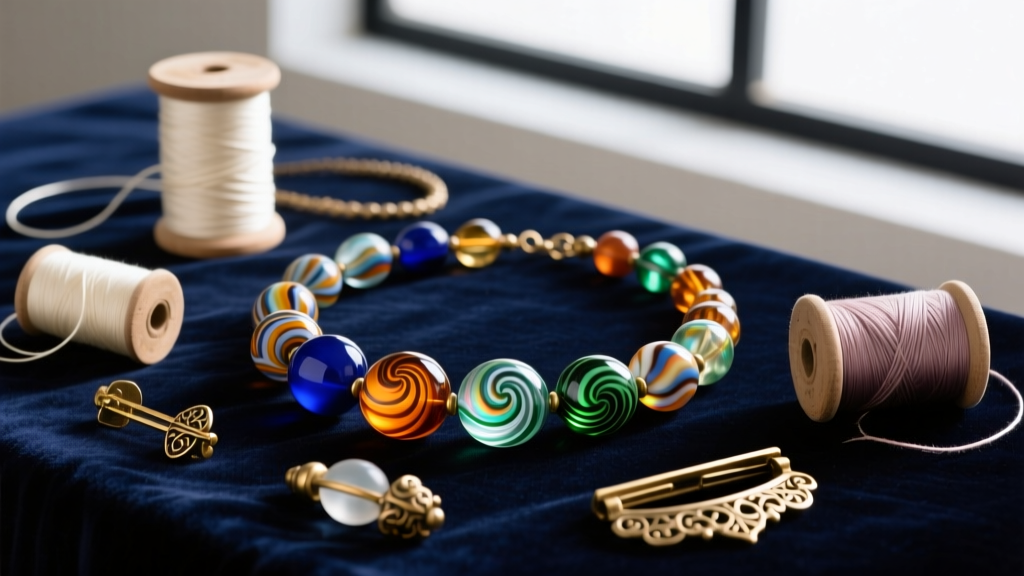 Flat lay of vintage glass bead necklaces with Murano lampwork beads, silk thread spools, and brass clasps on dark velvet.